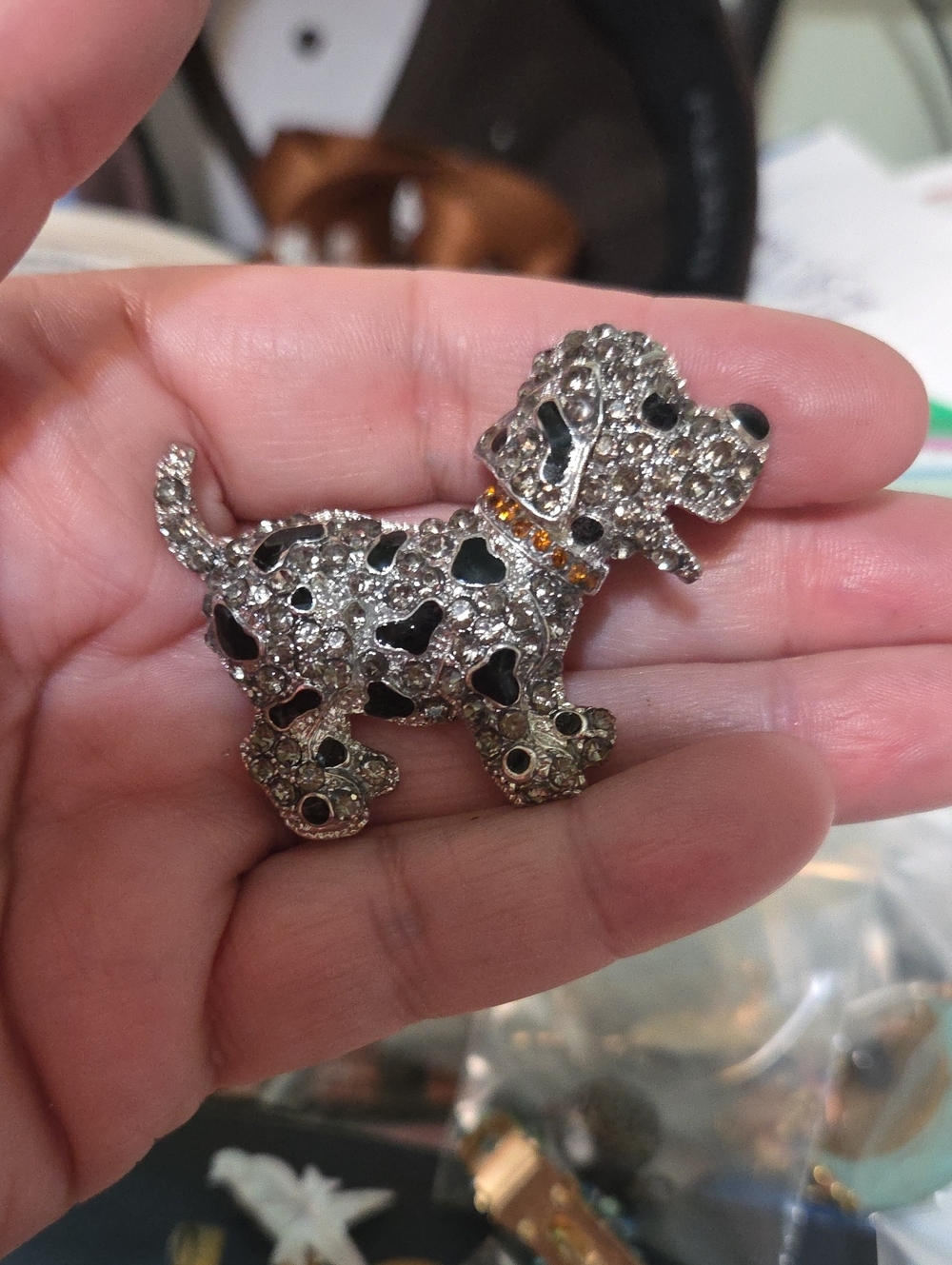 Rhinestone Dog Brooch with Black Enamel Spots